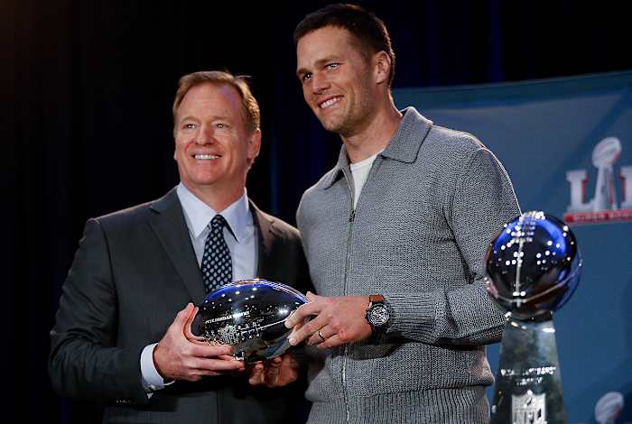Tom Brady and Roger Goodell wore matching smiles at the MVP ceremony the morning after Super Bowl 51.